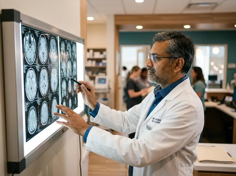 Neurologist examining brain MRI scans