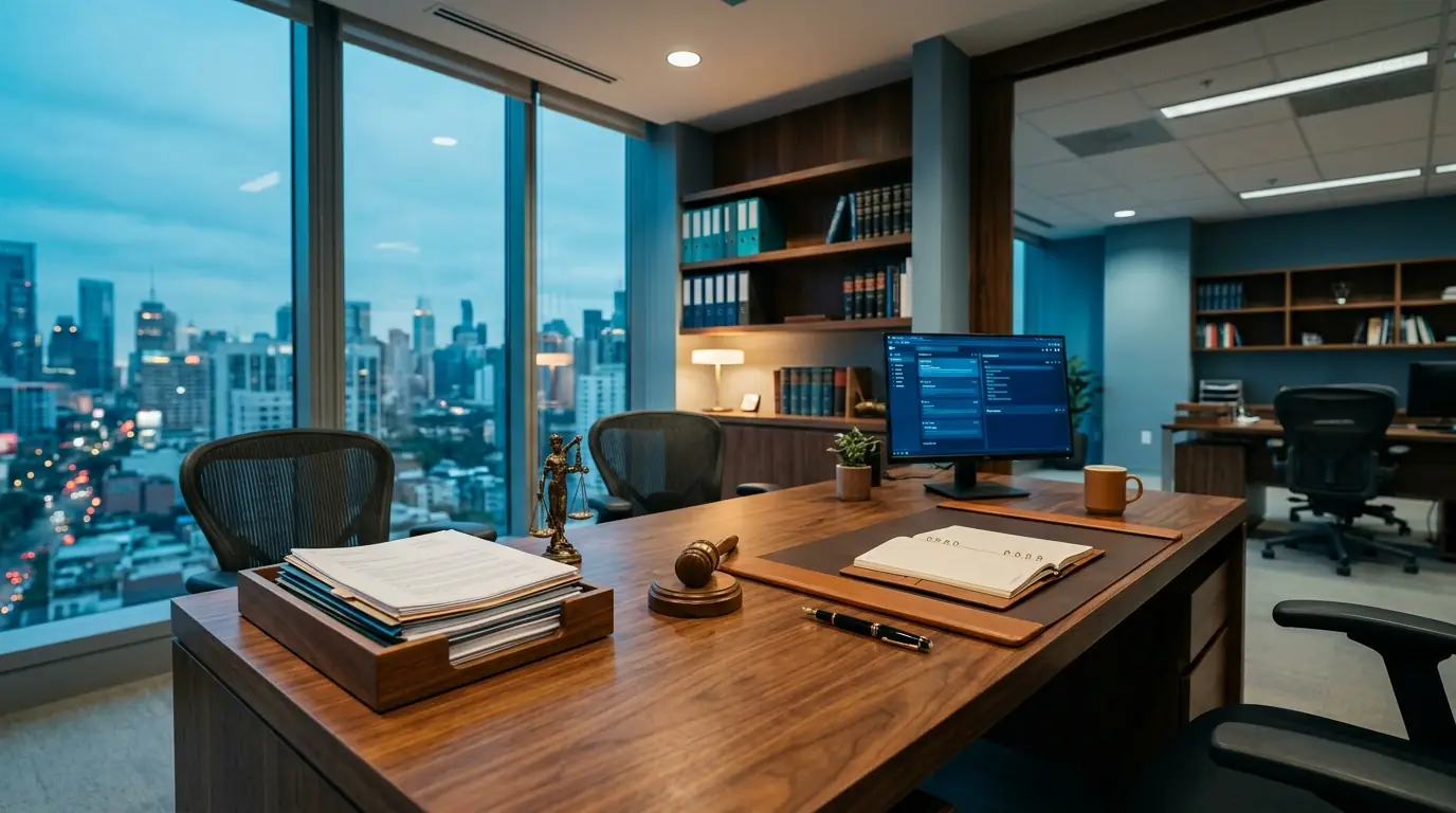 Professional legal office with documents and scales of justice